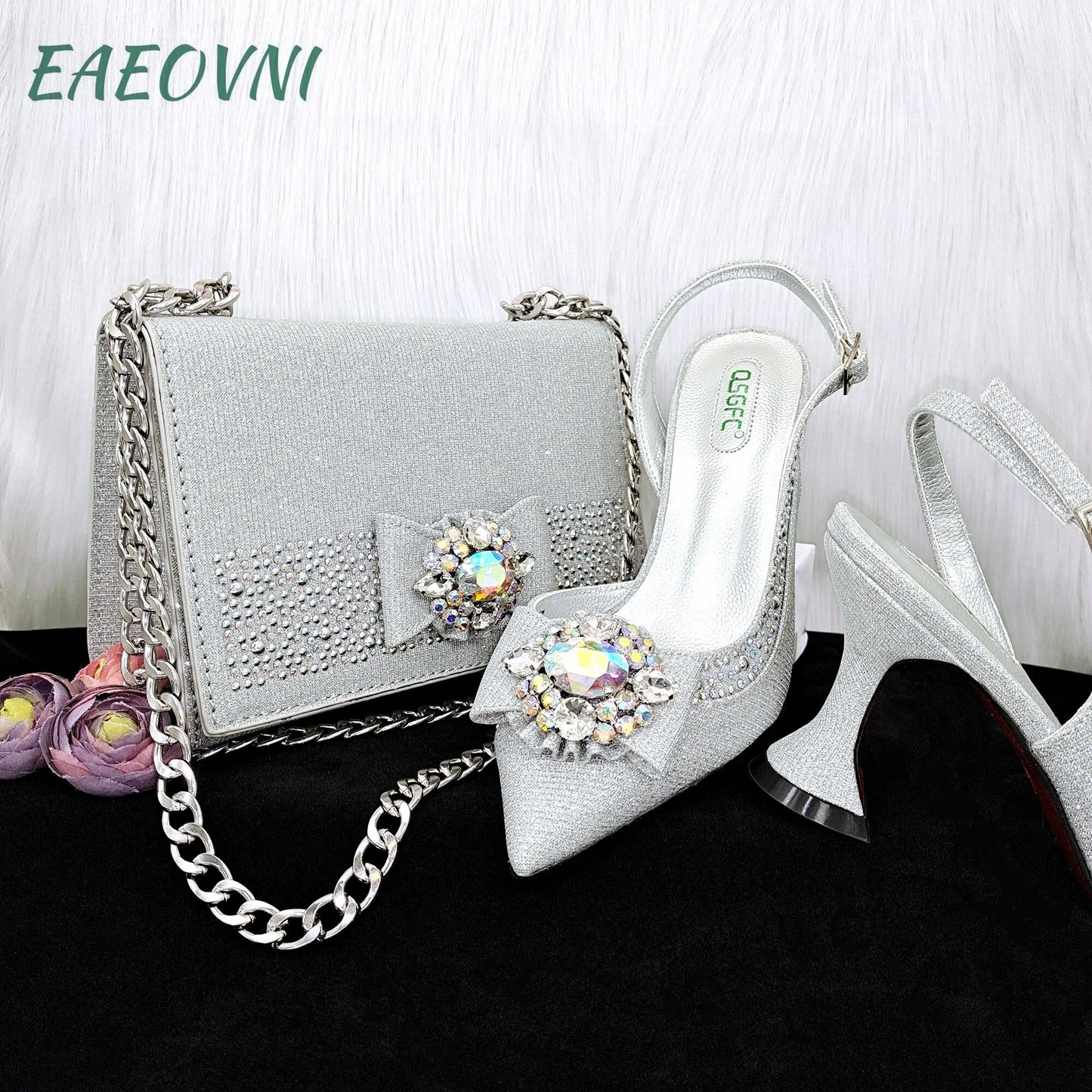 Pink Color Mature Design Pointed Toe Ladies Sandal Shoes and Bag Set Full of Rhinestones For Women Party