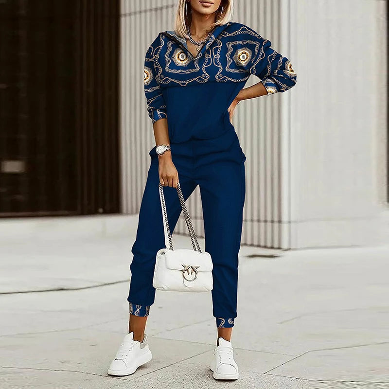 Spring Casual Sport Outfits Two Piece Set For Women Tracksuit 2022 Autumn Fashion Chain Print Long Sleeve Top + Pencil Pants Set