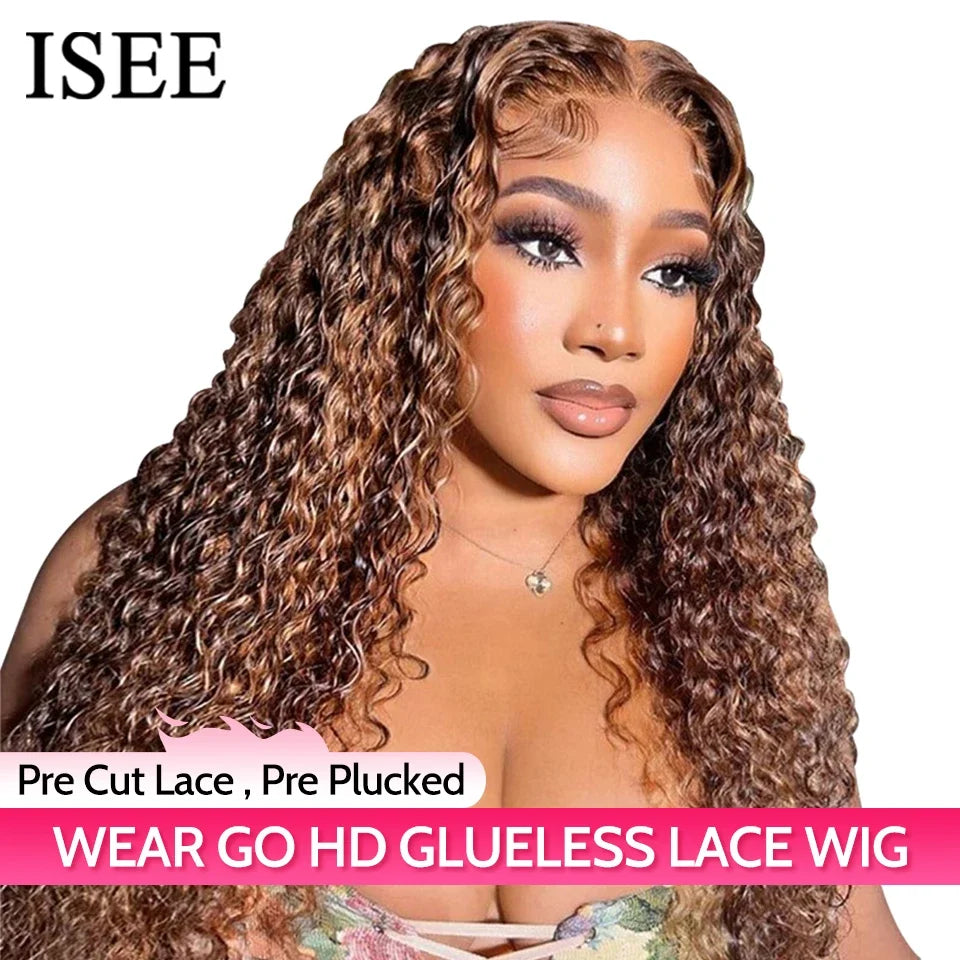 Wear And Go Glueless Wig Ombre ISEE HAIR Highlight Mongolian Deep Wave 6x4 Hd Lace Glueless Pre Plucked Human Wigs Ready To Go