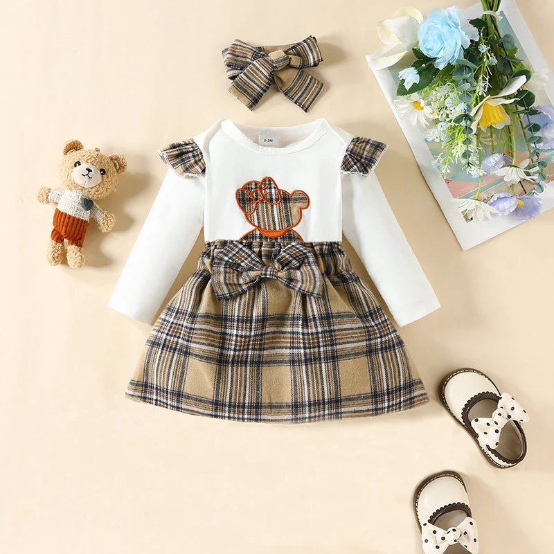 Newborn Baby Girl Clothes 3PCS Set Cartoon Bear Embroidery Long Sleeves Bodysuit Plaid Skirt Suit Infant Baby Costume 0-18 Month