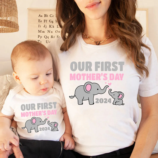 Our First Mother's Day 2024 Print Family Outfit Casual Short Sleeve Matching Set Baby Romper+Mom T-shirt Hoilday Party Clothes