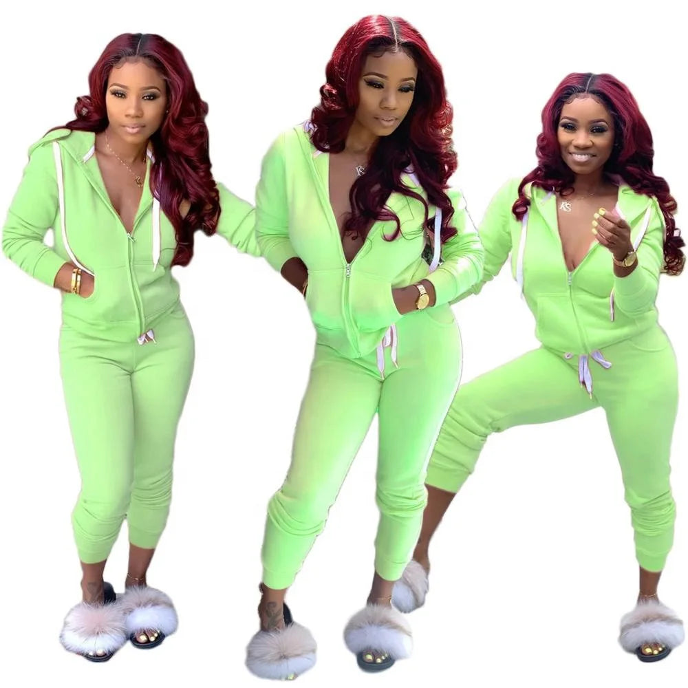 women's Pure Color Fleece two-piece Suit Movement Sports Set