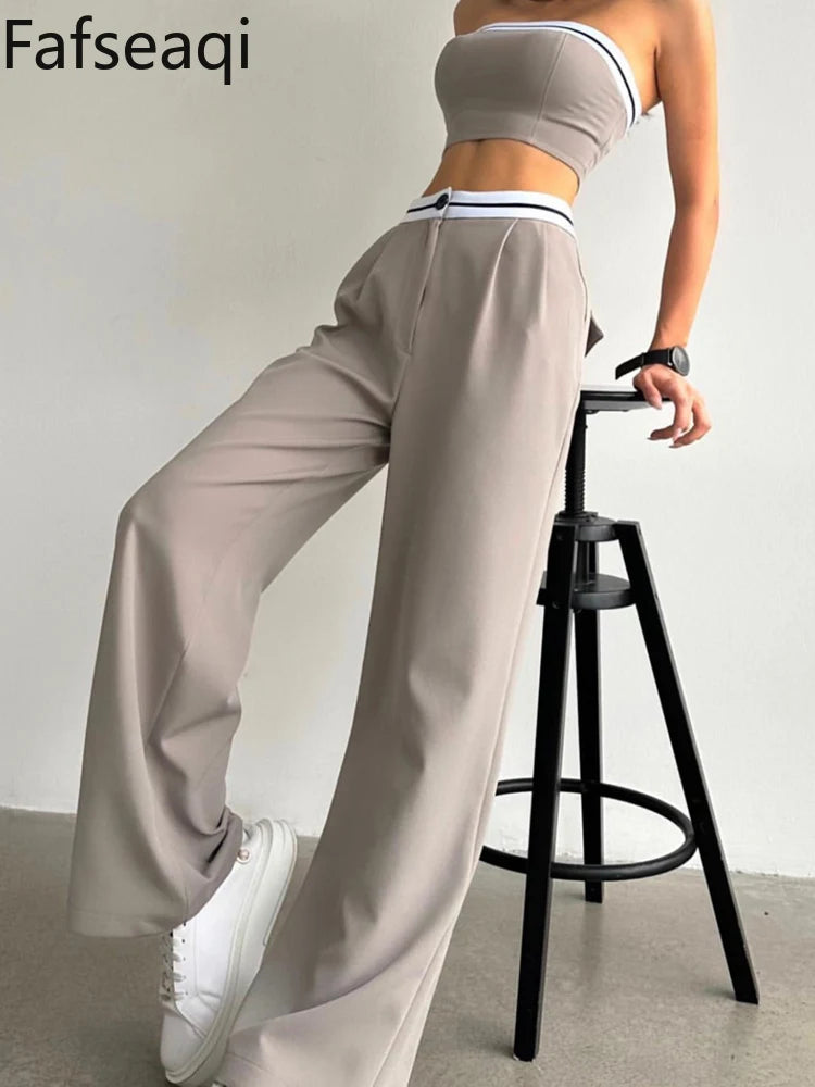 Sexy Women's Tracksuit with Boob Tube Top Slash Neck Contrast Color Wide Leg Trousers Sports Suit for Women Two Piece Set Outfit