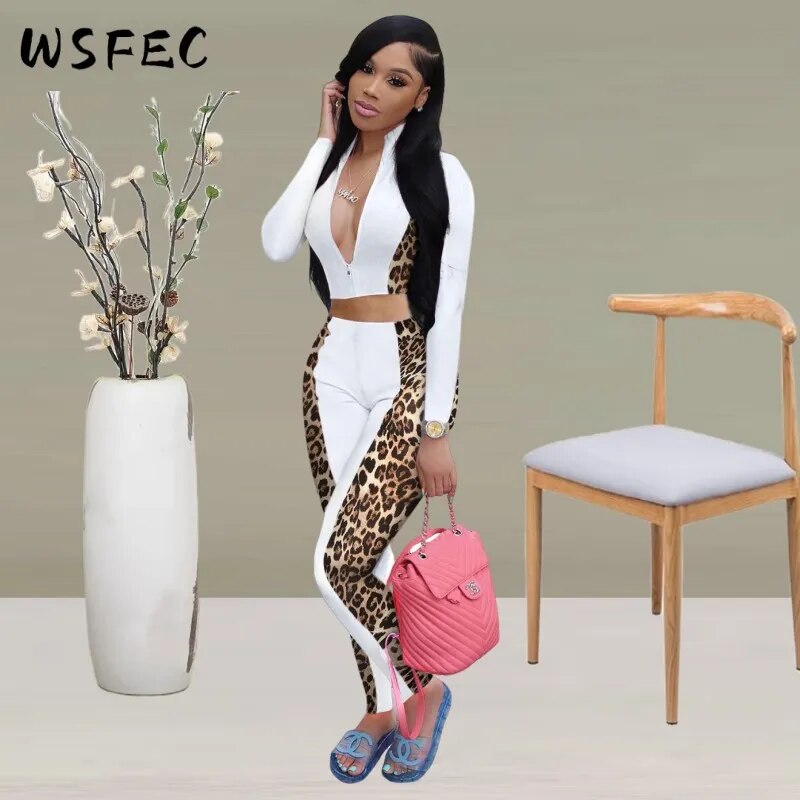 S-3XL Clothing Two Piece Sets Women Outfits Long Sleeve Patchwork Leopard Sport Coat Pant Suit Female Outfits