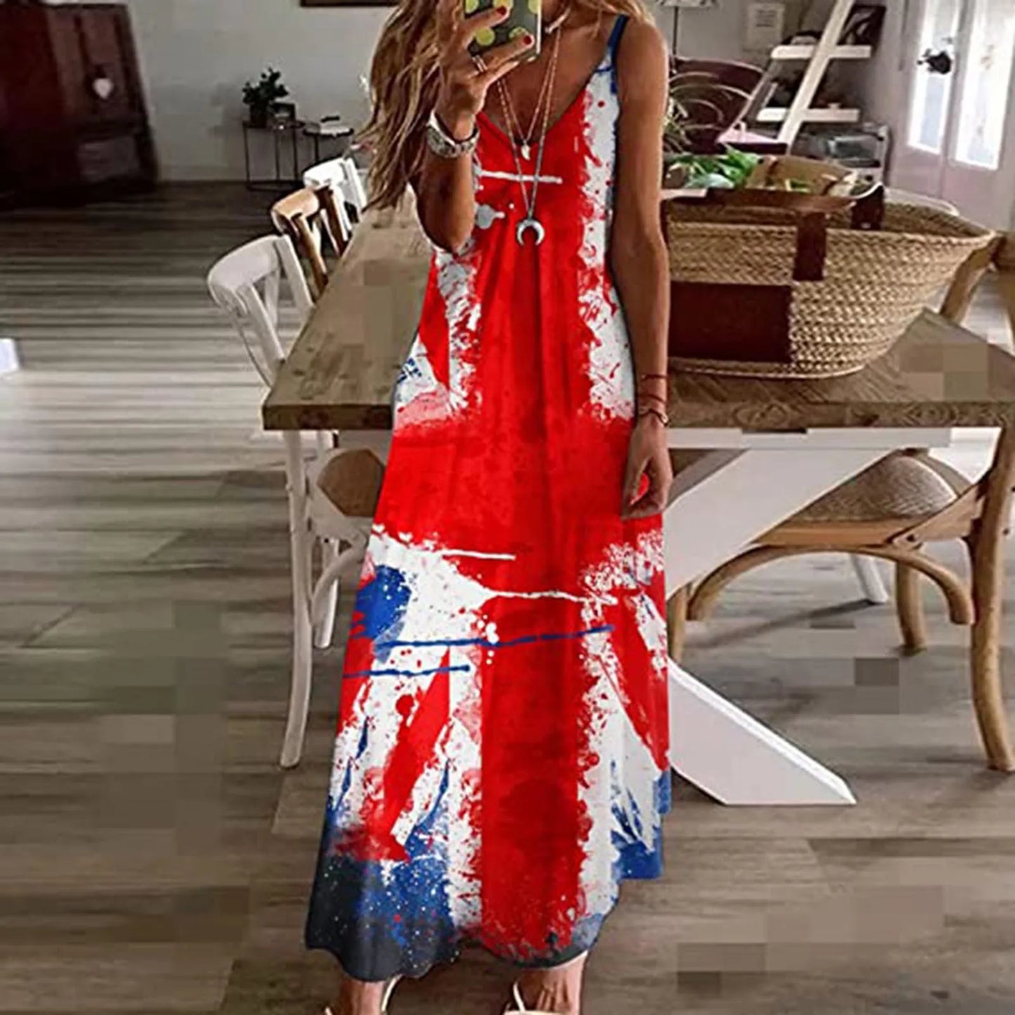 Women Independence Day Maxi Dress The Fourth Of July Long Dress Female Flag Print Summer Cami Dress Robes Longues