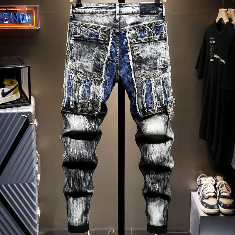 Men's Patchwork Ripped Crop Jeans Trendy Streetwear Slim Straight Stretch Denim Pants Mid Waist Ankle Length Trousers