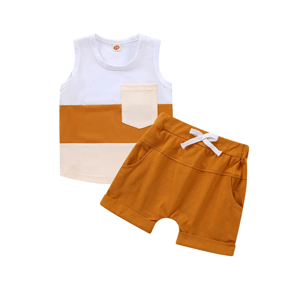 Summer Boy Suit with Round Neck Vest and Solid Color Shorts Fashionable Casual Outdoor Set Children Set Boy Birthday Gift