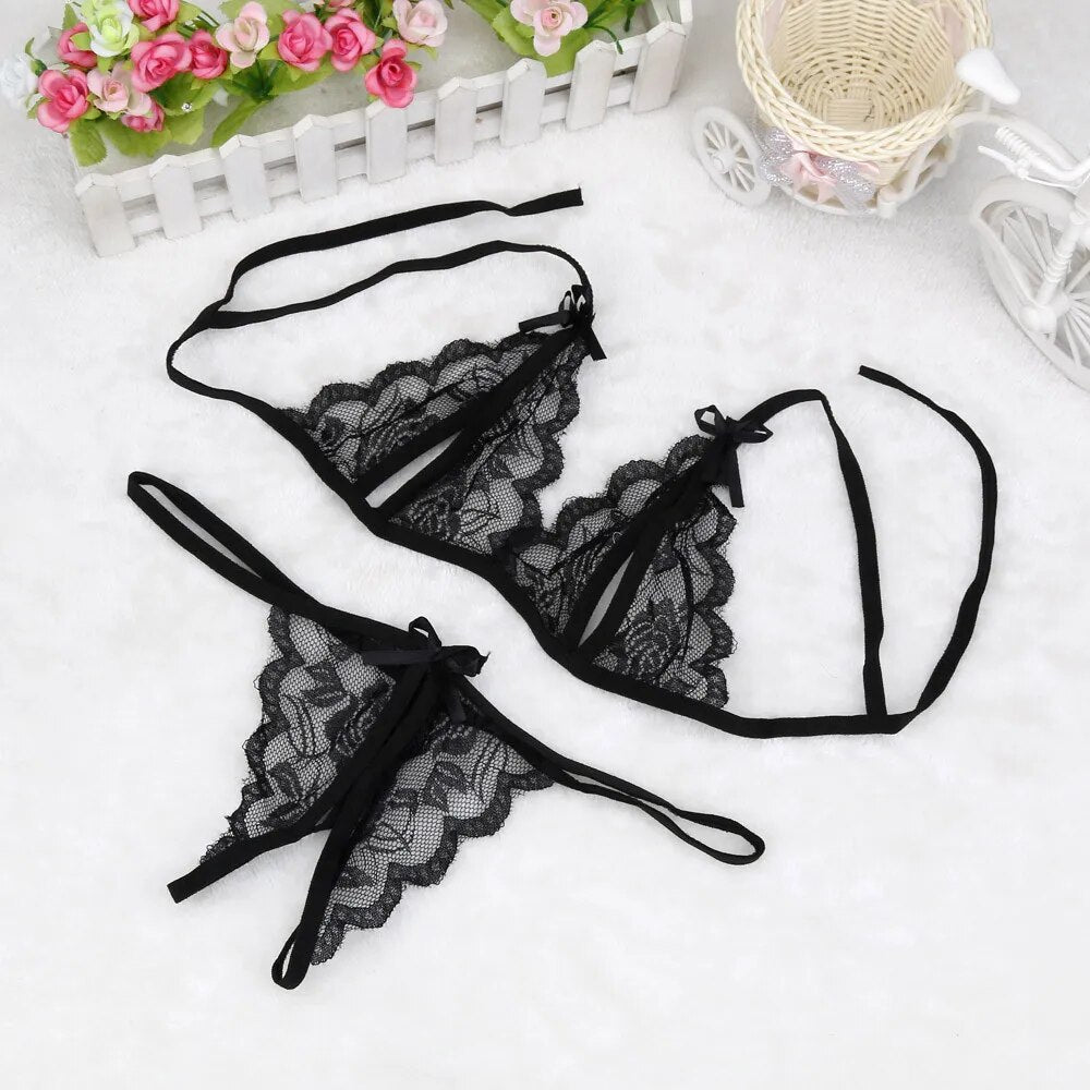 Perspective Lace Lingerie Set Sexy Sleepwear Crotchless Panties Lace Women G String Bowknot Underwear Sexy Lingeries For Woman