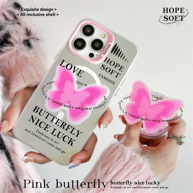 RENGZ【Gradient butterfly】Original 2-in-1 Case For Iphone 12 13 14 15 Pro Max Plus MagSafe Magnetic Ring Bracket Protection Cover