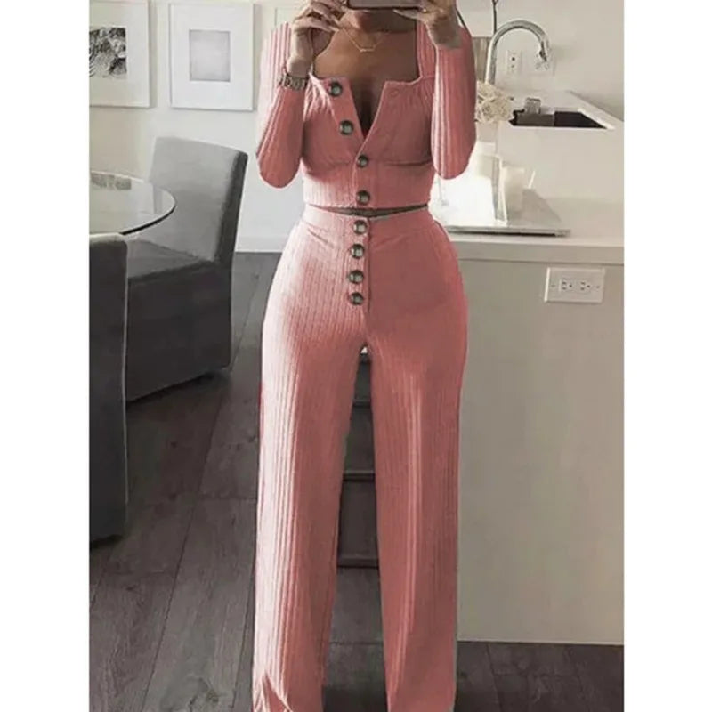 Tracksuit Women 2 Piece Set Long Sleeve Cardigan Slim Button Casual Set Sweater Top+Elastic Waist Pant Knitted Suit Women Coat