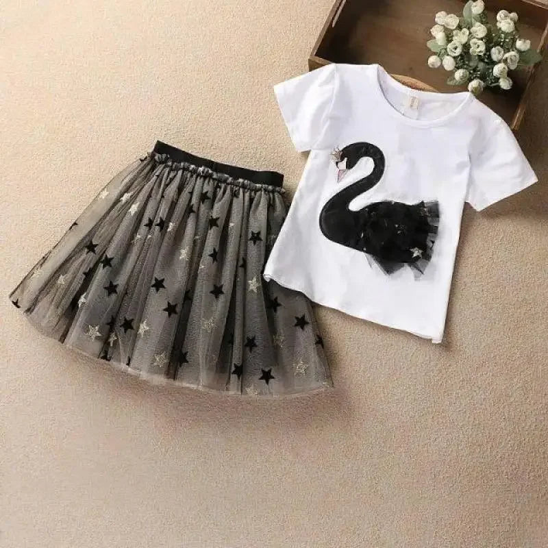 Summer Baby Girls Clothing Sets Cotton Cartoon Swan T-Shirt+Sequin Skirts 2Pcs Suit Children Fashion Princess Kids Dress Outfits