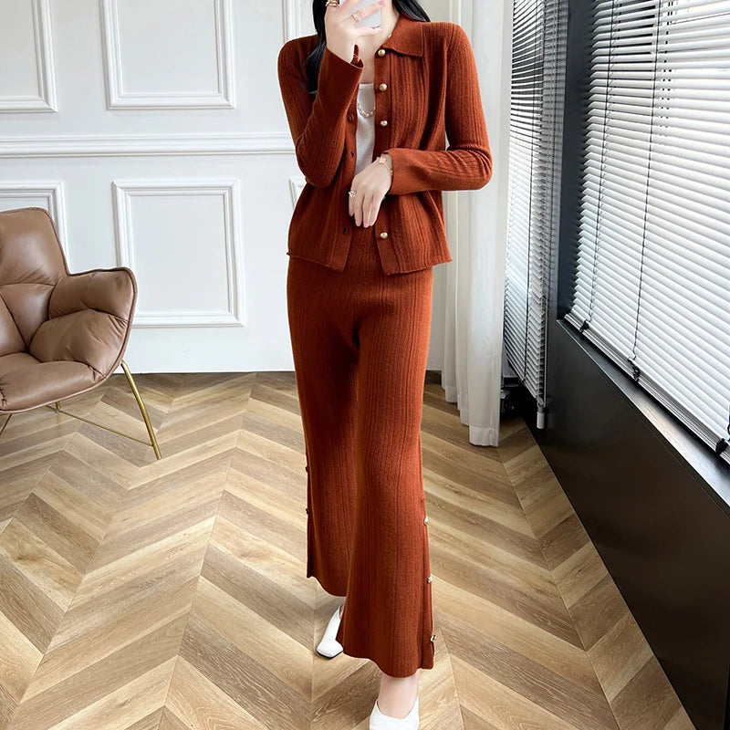 Autumn Winter New 100% Wool Cashmere Knit Suit Women's Flip Collar Cardigan Coat Sweater High Waist Wide Leg Pant Two-piece suit