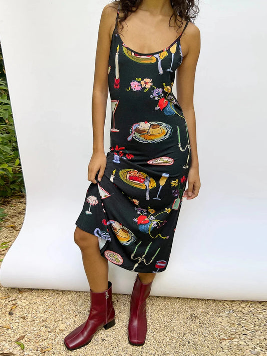 Women Cami Dress Summer Table Collection Print Sleeveless Backless Slip Dresses Midi Bodycon Sundress for Party Streetwear Y2K