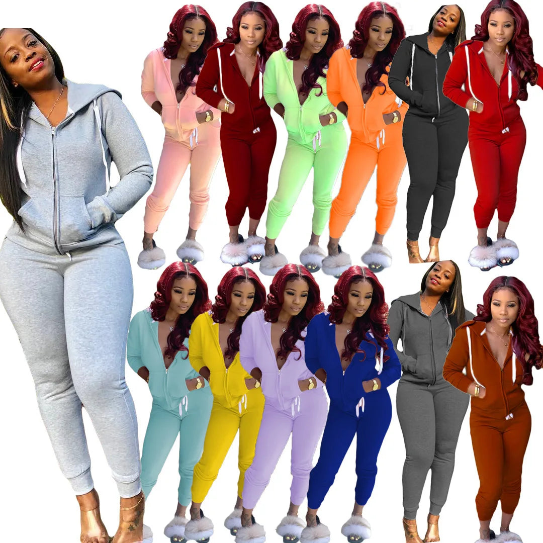 women's Pure Color Fleece two-piece Suit Movement Sports Set