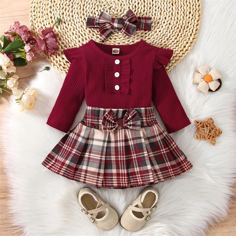 Toddler Baby Girl Spring Fall Clothes Skirt Set Long Sleeve Ribbed Romper Tops High Waist Plaid Tutu Skirts Outfit Baby's Sets