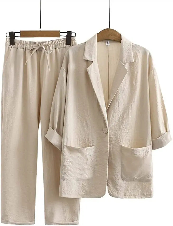 Two Piece Set Women Outfit 2024 Summer Fashion Notched Collar Short Sleeve Blazer Coat Casual Pants Set Elegant Top Trouser Sets