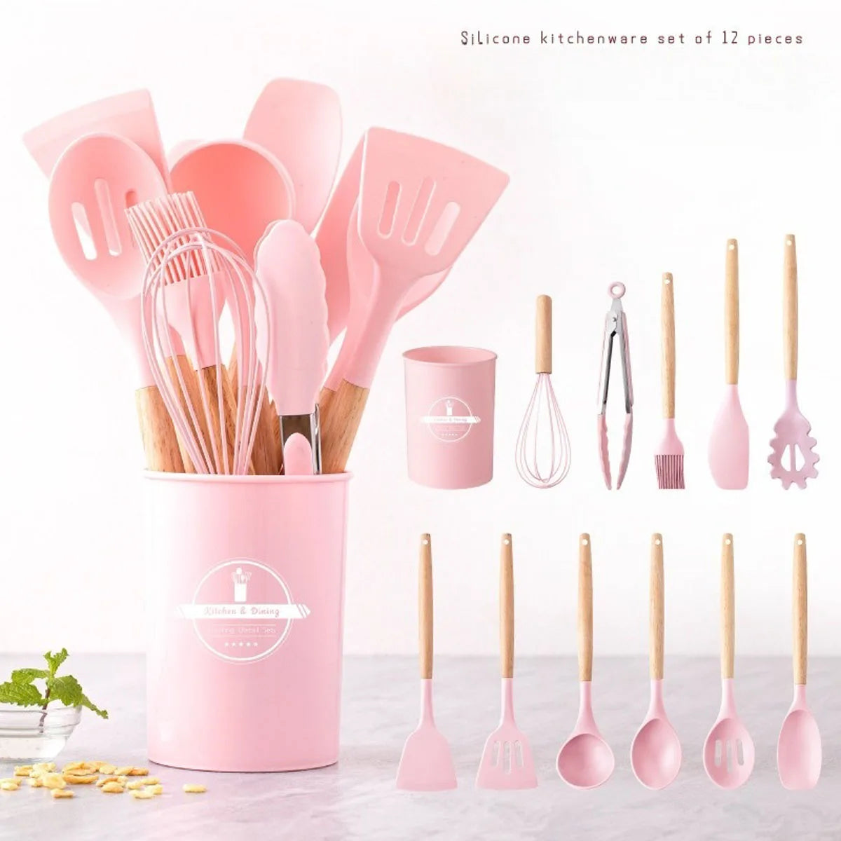 Silicone Kitchen Utensils Set, 12-piece Kitchen Cookware Non-stick Cookware Is Heat-resistant Natural Wooden Handle,Shovel Egg B