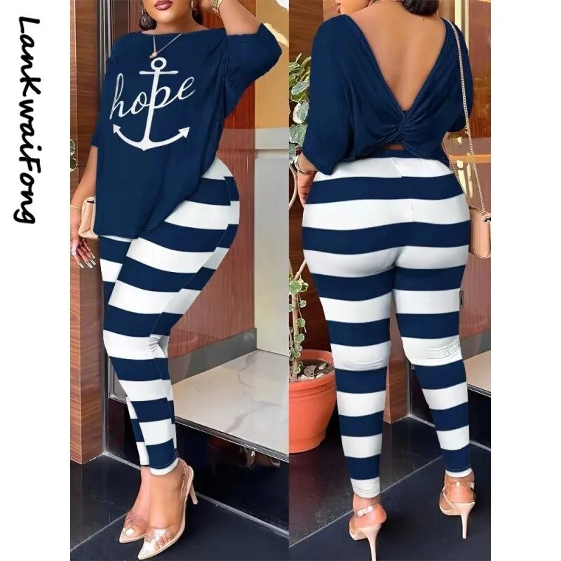 LKF New Casual Women's Set Loose Print Open Back Top Slim Fit Small Foot Pants Street Style Commuter Two Piece Set