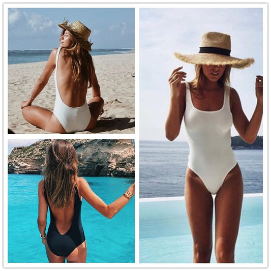 White Women One Piece Swimsuit Solid Color Backless Swimwear Monokini Bodysuit Push Up Tummy Control Swimsuit Bathing Suit