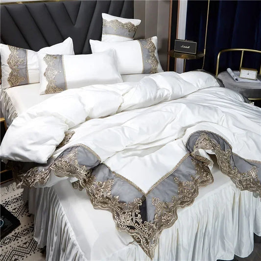 Princess style big lace side bed on four-piece set washed ice silk silk silk bed skirt white bedspread