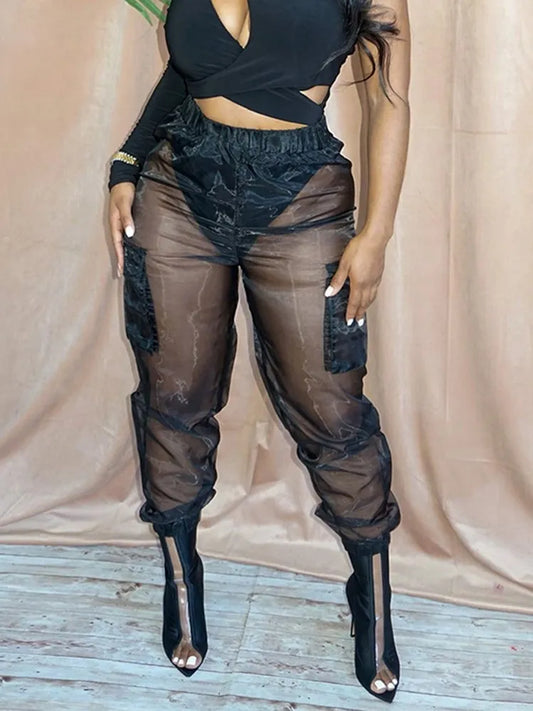 Sexy Black Mesh See-through Hight Waist Cargo Pants Organza Sweatpants Fashion Summe New Loose Trousers Women Transparent 