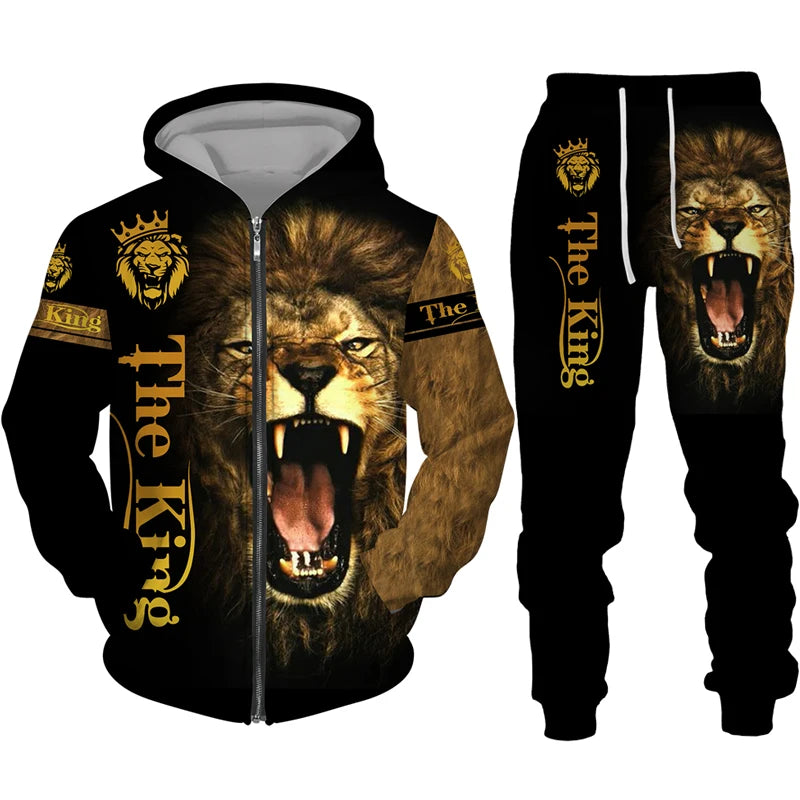 Men's sports zippered hoodie set powerful lion print hoodie set spring and autumn coat outdoor sports clothing  couples sweaters