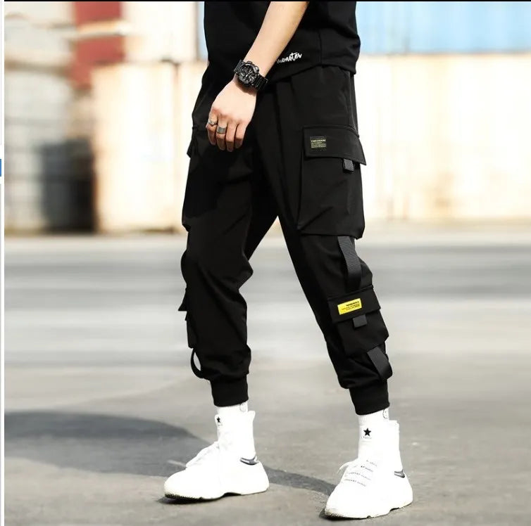 Thin Streetwear Casual Pants Men Ribbons Harem Jogging Pants Male Slim Fit Spring Cargo Pants Multi-Pockets Women Trouser Jx1