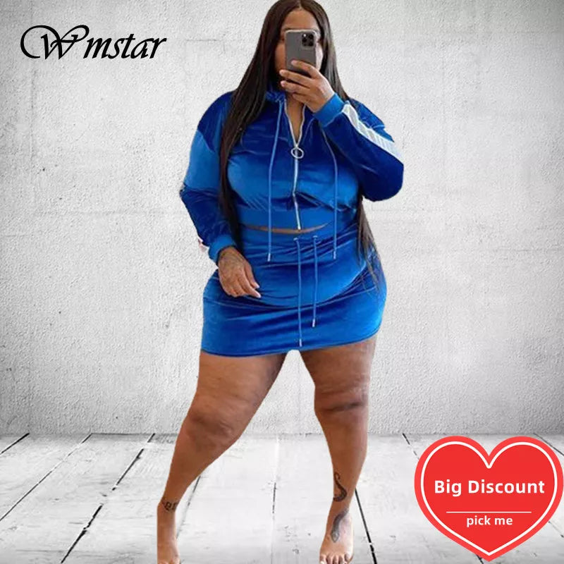 Wmstar Plus Size Women Clothes Velvet Sweatsuit  2 Two Piece Set Hoodie Mini Skirts Sets Matching Outfits Wholesale Dropshipping