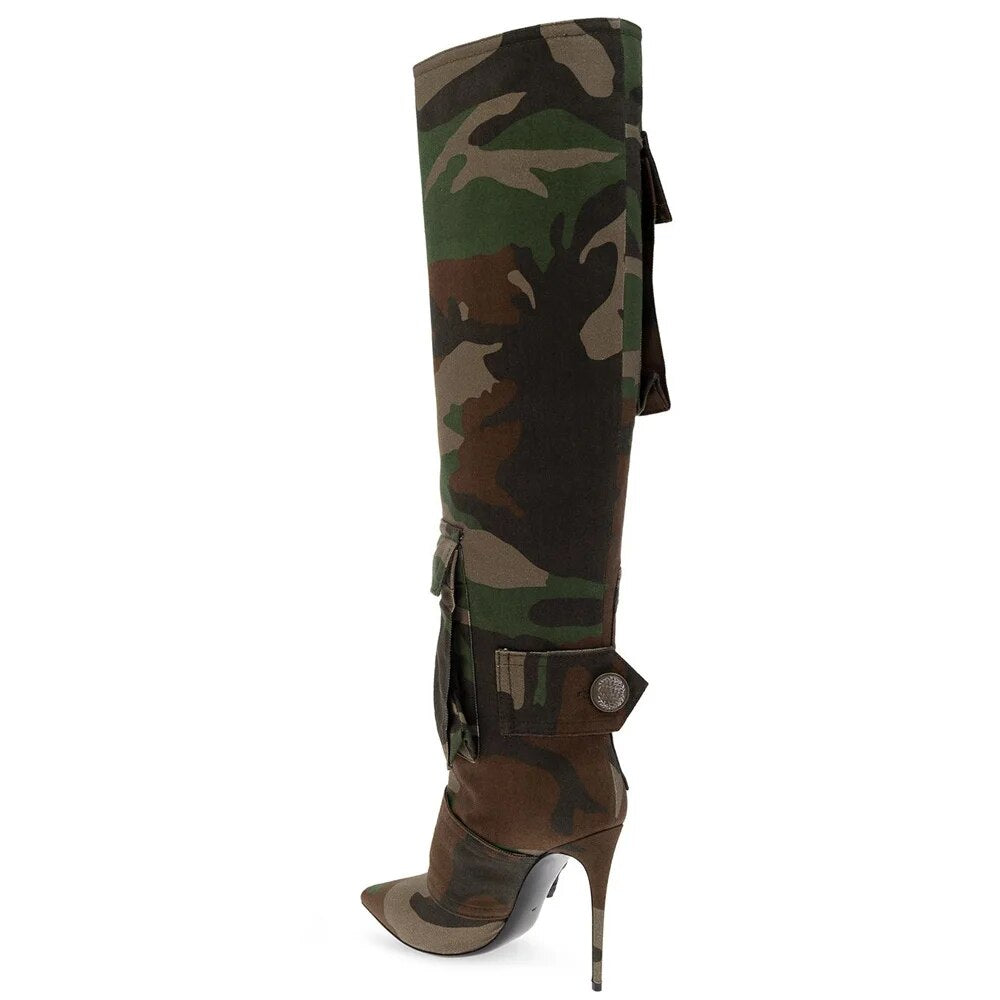 YJXKJY 2023 New Female Camouflage Bag Knee Length Boots Canvas Stiletto High Heel Buckle  Pointed Toe Women‘s Big Size 43 Shoes