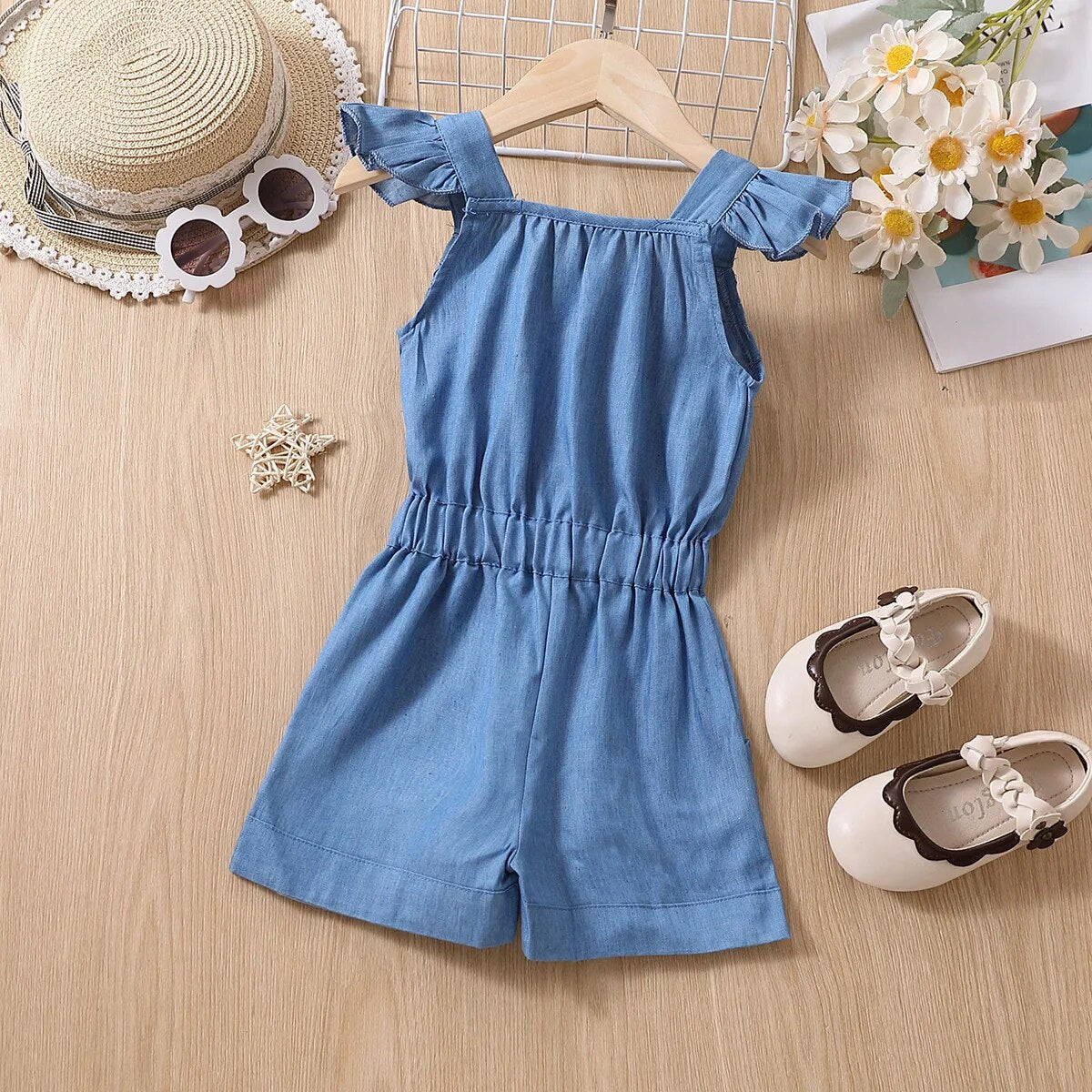 Summer girls' clothes, children's bow denim sleeveless one-piece, European and American street style kids clothing