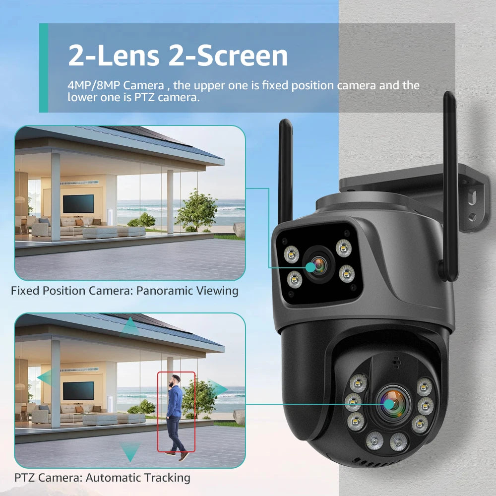 Wifi Camera Outdoor 8MP PTZ Human Detection Color Night Vision Security Protection Dual lens and Dual Screen Surveillance Camera