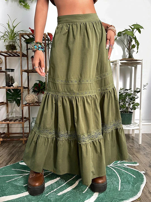 Women Fairy Grunge Midi Skirt High Waist Vintage A-Line Long Skirt Lace Up Solid Color 90s Y2K Retro Clothing Streetwear