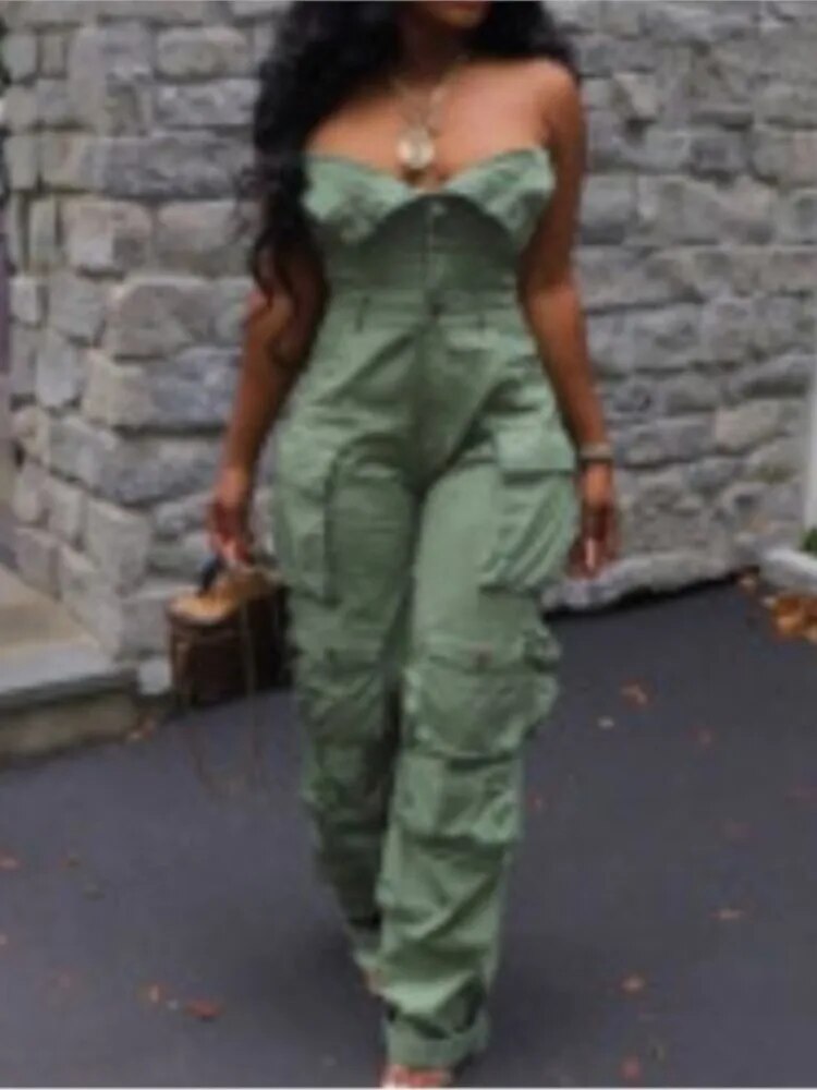 Sexy Strapless Button Front Ruched Cargo Jumpsuit Women With Pocket One Piece Pants 2023 Autumn New High Street Romper Playsuit