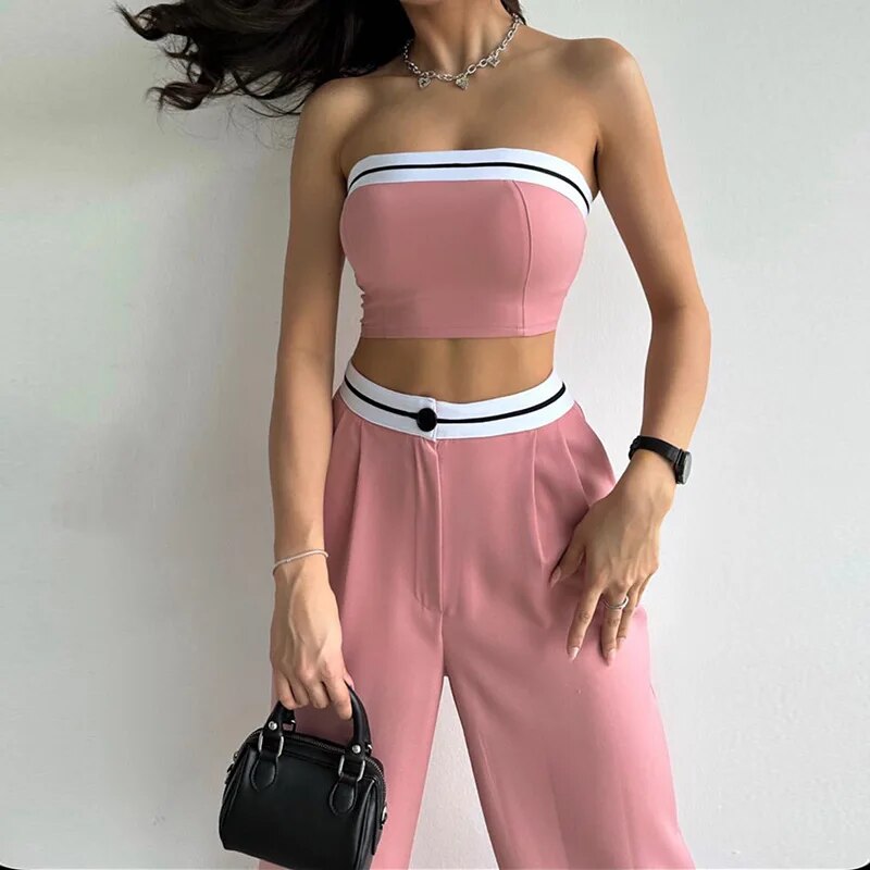 Women's Sexy And Fashionable Pants Set Spring/Summer Spicy Girls Sports Tube Top+High Waist Wide Leg 2 Piece Pant Suit S-2XL