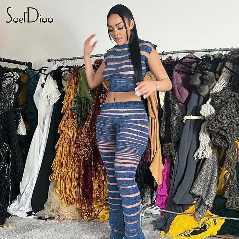 Soefdioo Striped Mesh Sexy Straight Leg Pants Women Fashion See Through High Waist Flare Trousers 2023 Summer Hipster Streetwear