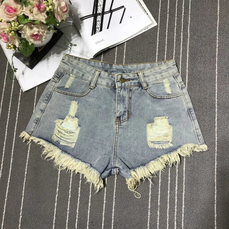 New High Waist Tassel Broken Denim Shorts Female Summer Raw Edge Wide Leg Loose Plus Size Jean Shorts Women