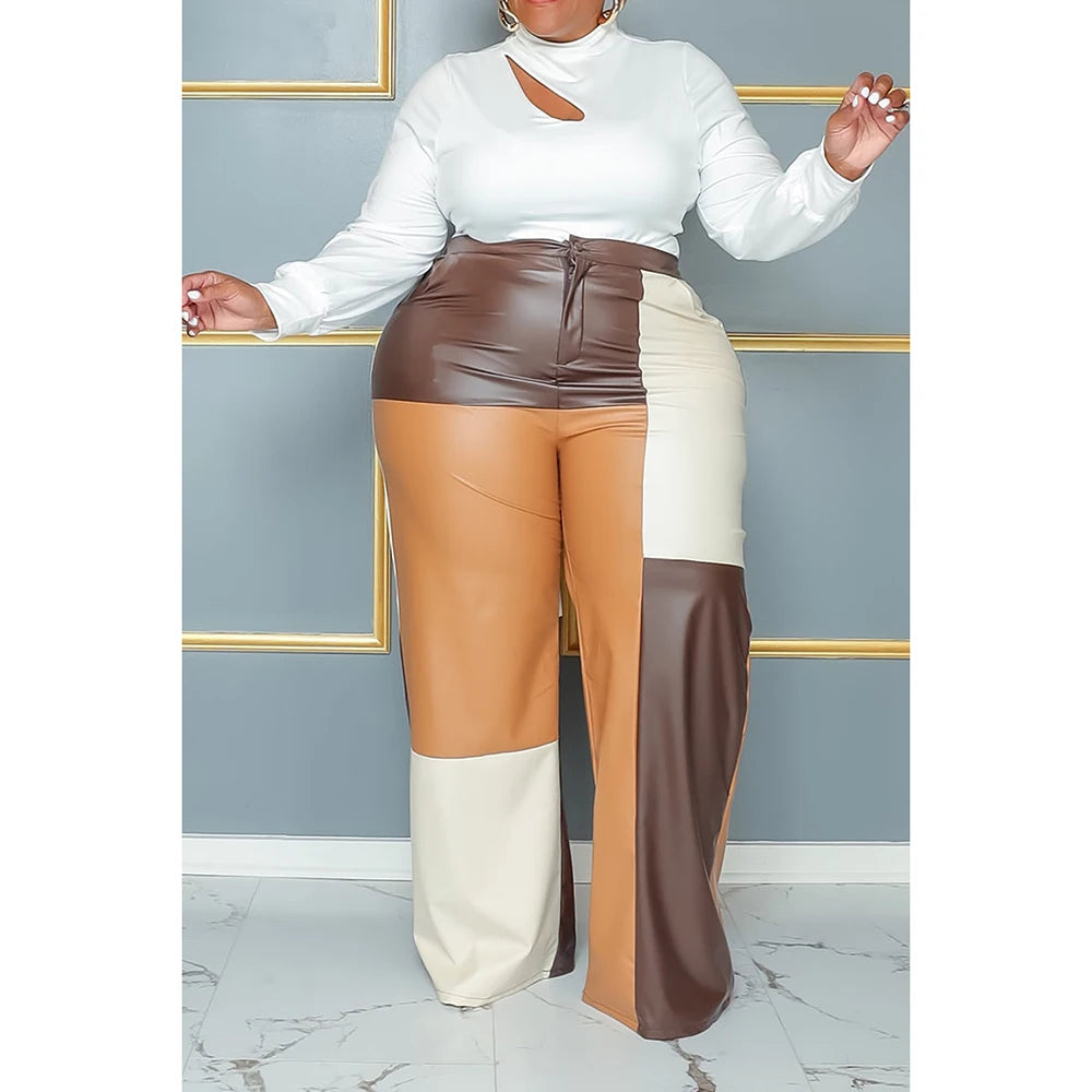 Plus Size Daily Pant Set Brown Patchwork PU Leather Two Piece Pant Set