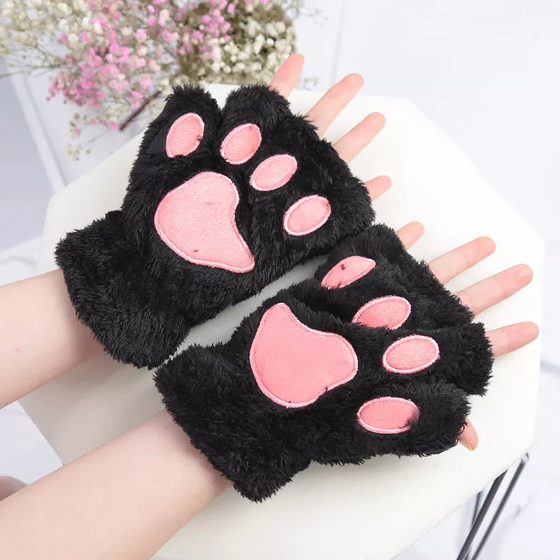 New Kawaii Women Warm Cat Gloves Fashion Girls Cat Claw Paw Plush Mittens Soft Plush Short Fingerless Half Finger Winter Gloves 