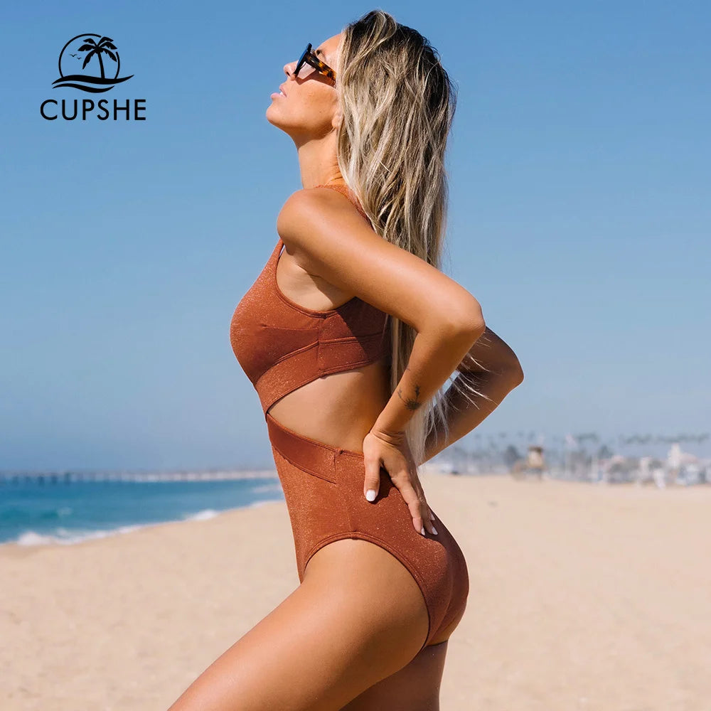 CUPSHE Shiny Plunge Cutout One-Piece Swimsuit For Women Sexy Back Hook Monokini Swimwear 2023 New Bathing Suit Beachwear