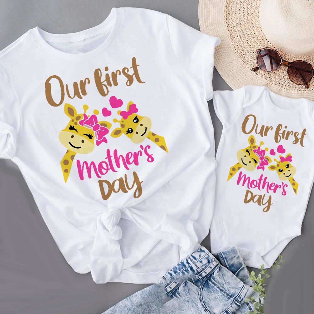 Our First Mothers Day Deer Printed Family Matching Clothes Mom T-shirt Infant Romper Mommy and Baby  Mother's Day Outfits Shirt