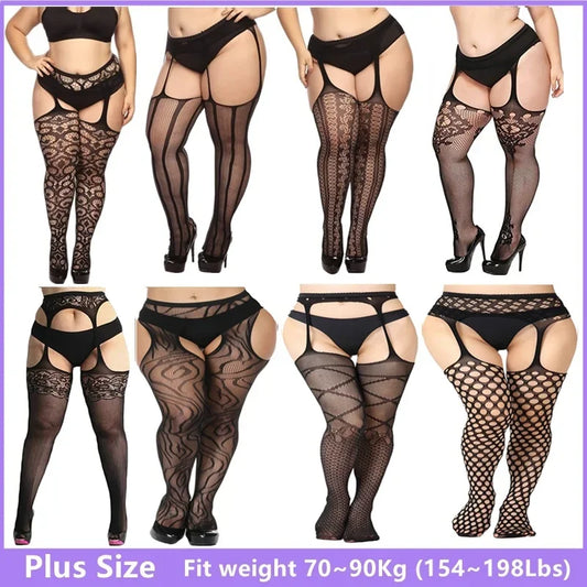 Plus Size Thigh High Tights Open Crotchless Pantyhose Plus Size Stockings black Fishnet Panty Socks Belt for Women lingerie Sexy