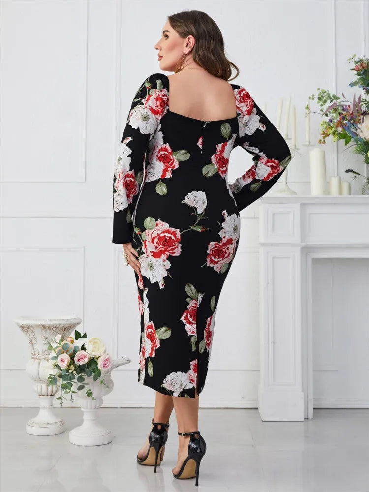 Plus Size Summer Floral Midi Dress Women Flower Print Bodycon Backless Long Sleeve Ladies Dresses Elegant Modis Woman Dress 2023