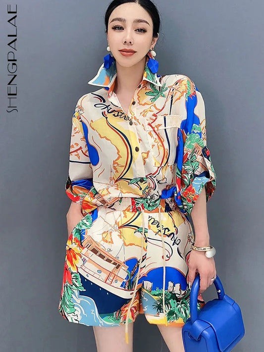 SHENGPALAE 2 Piece Set 2024 Summer New Printed Short Sleeved Shirt And Shorts Casual Fashion Elegant Loose Women's Clothes R9745