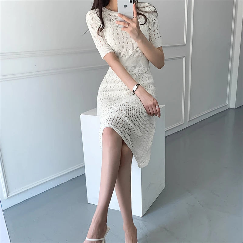 2023 Women Sexy Hollow Slim Elegant Chic Party Knitted Dresses Summer Fashion Black White Short Sleeve Basic Midi Dress Vestidos