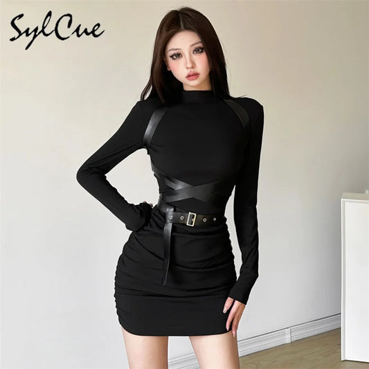 Sylcue Trendy Personality Street Cool Confident Black Mysterious Sexy Mature Beautiful Confident Women'S Long Sleeve Belt Dress