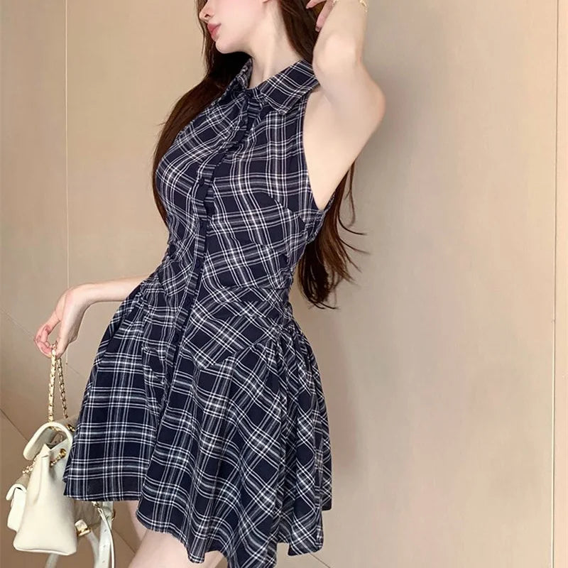 Women Summer Plaid Sleeveless Mini Shirt Dress