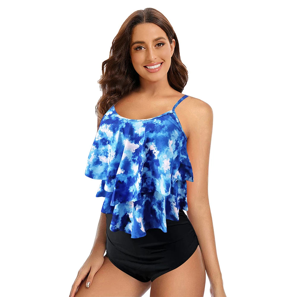 8 Colors Women Ruffled Tankini Set Padded Top With Adjustable Shoulder Straps Elastic Slim Knitted High Waisted Beachwear 2024