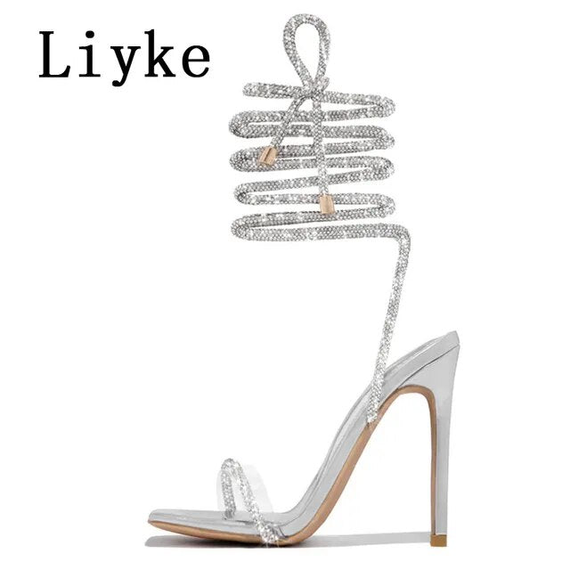 Liyke Fashion Glitter Rhinestones Women Sandals Crystal Ankle Strap High Heels Party Prom Shoes Lady Wedding Stiletto Sandalias 