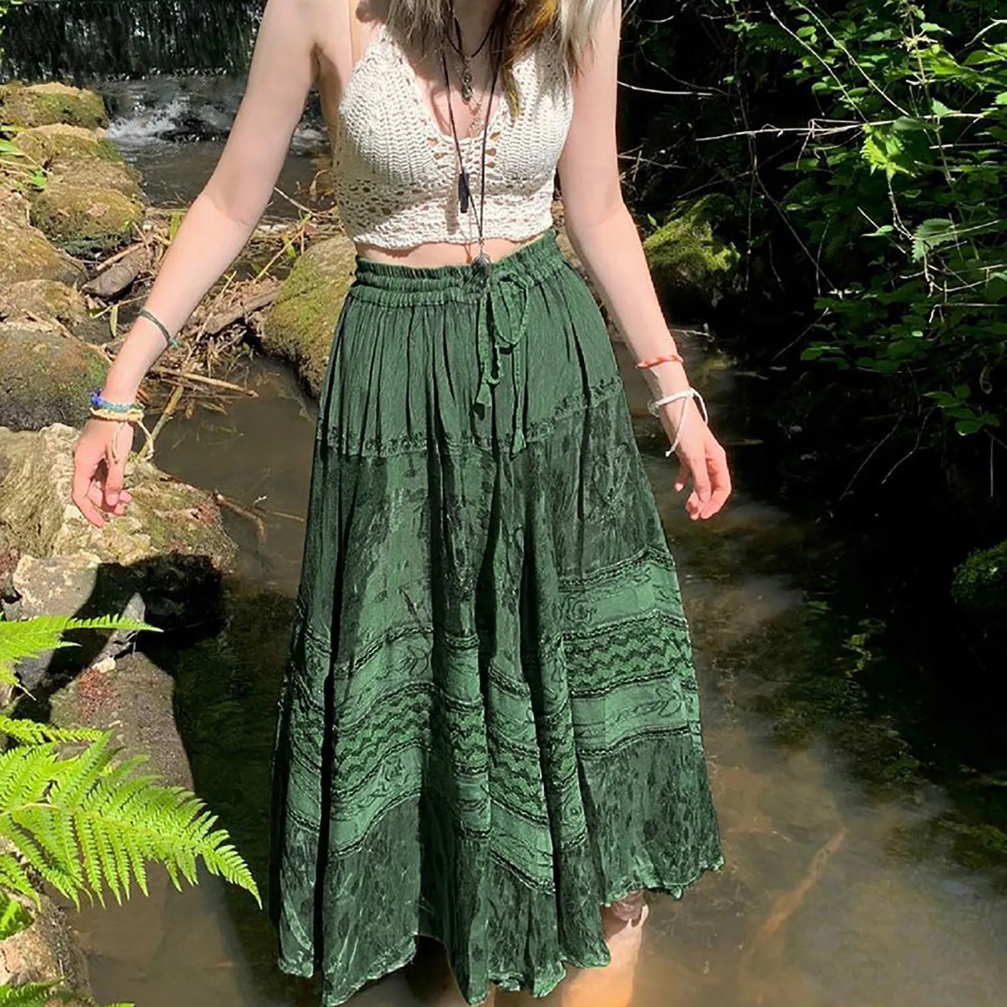 Vintage Bohemian Boho Long Skirt Women Beach Retro Print Drawstring High Waist A Line Skirt Green Large Swing Casual Maxi Skirt