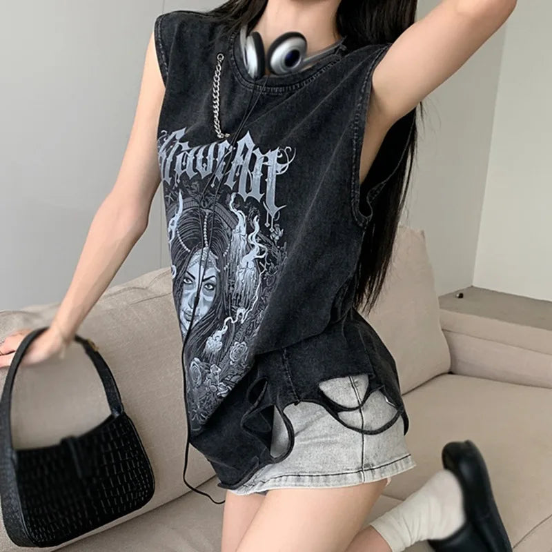 Women's Shirt Retro Vest Design Summer Fashion American Style Printing Casual Sleeveless Round Neck Casual Versatile Tops